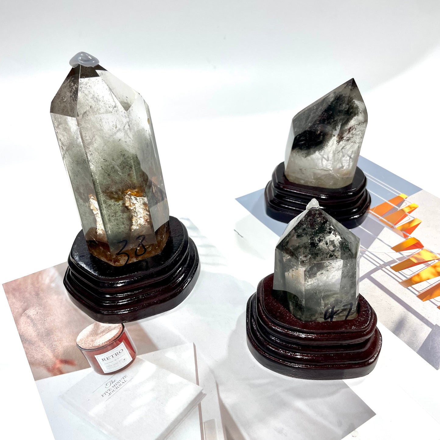 1 Count Dreen Phantom Quartz Ghost Phantom Quartz Wand With Wood Stand Healing Stones Natural Stone Chakra Balancing Reiki Home Office Decor From IG Crystal