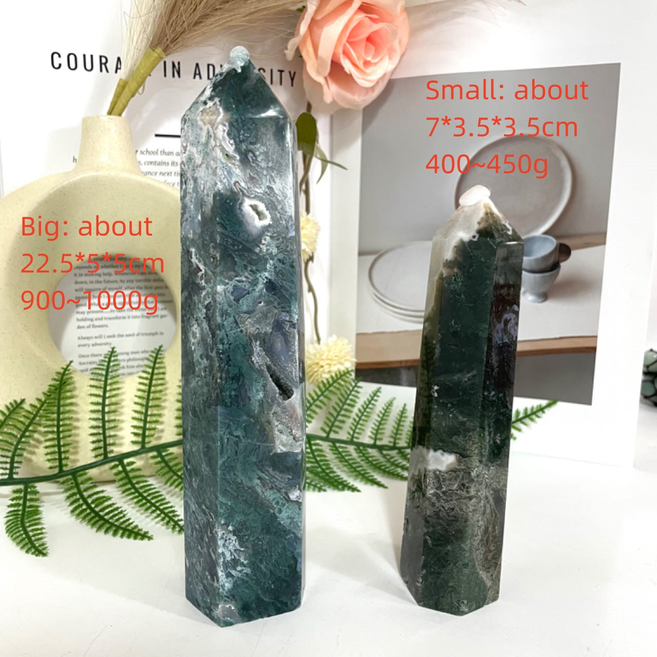 Large Moss Agate Crystal Tower Healing Crystal Wand for Spiritual Use Hexagonal Point Reiki Chakra Gemstone Home Decor From IG Crystal