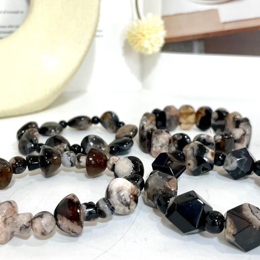 2 Counts Black Flower Agate Bracelet Set Energy Healing Crystals Jewelry for Women DIY Bracelet From IG Crystal