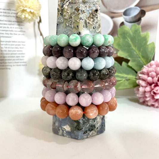 2 / 7PCS Crystal Bracelets Set Lasionite Purple Mica Morganite Black Rutile  Red Pyramid Kunzite Sunstone From IG Crystal