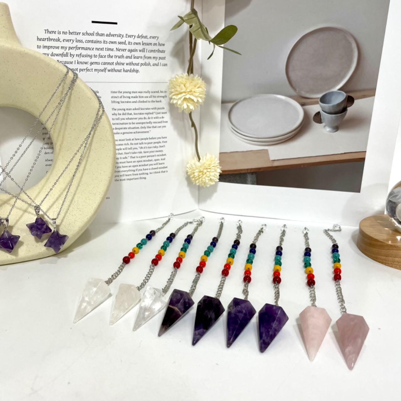 Crystal Necklace Ring Earrings Set Amethyst Clear Quartz Rose Quartz Charoite From IG Crystal