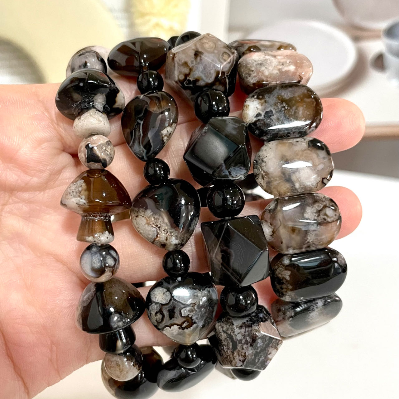 2 Counts Black Flower Agate Bracelet Set Energy Healing Crystals Jewelry for Women DIY Bracelet From IG Crystal