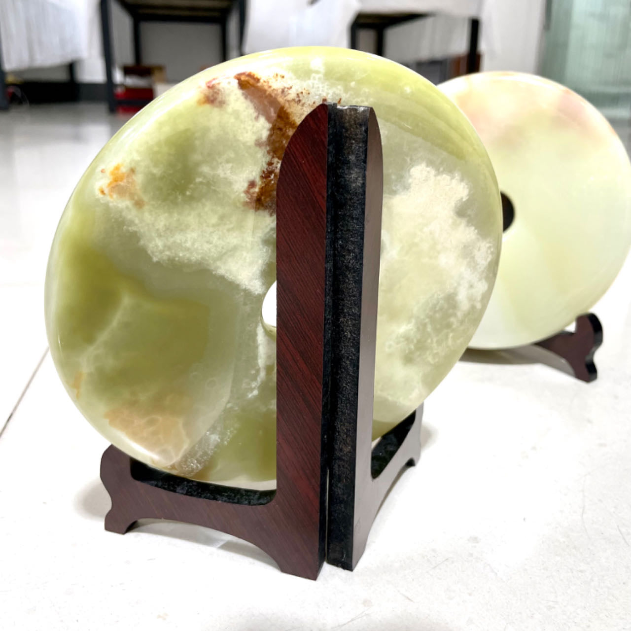 1 Count Jade Donut Crystal 16CM Xiu Yan Jade With Wood Stand Healing Crystal Home Decoration From IG Crystal