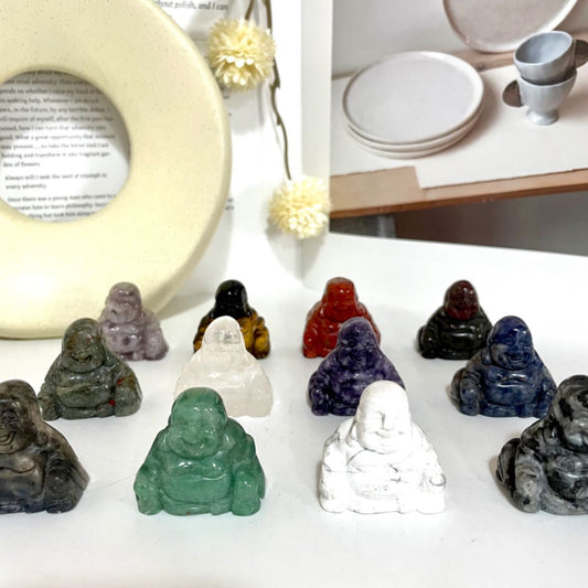 4 Counts Different Materials 1.5 Inch Buddha Crystal Rose Quartz Clear Quartz Yellow Tiger Eye Amethyst Sodalite Green Aventurine Rohdnite Kiwi Jasper Healing Crystal Home Decoration From IG Crystal