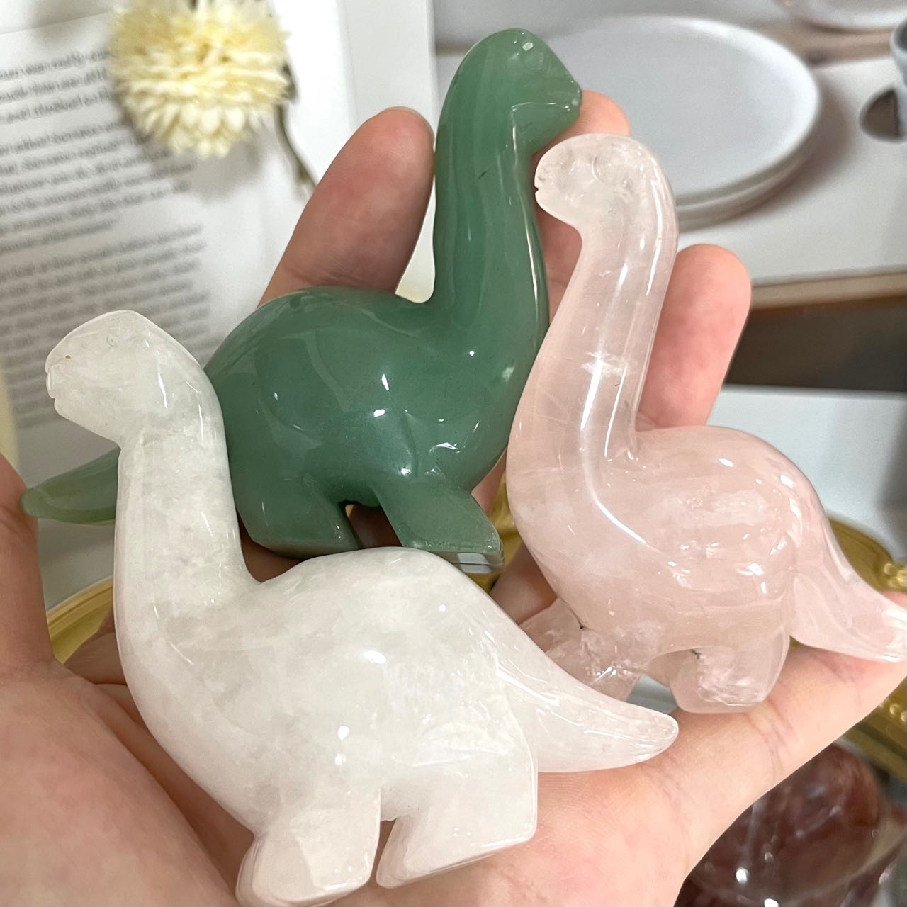 Different Maerail Crystal Dinosaur Statue Clear Quartz Rose Quartz Green Aventurine Strawberry Quartz Black Obsidian Stochastic 2PCS From IG Crystal