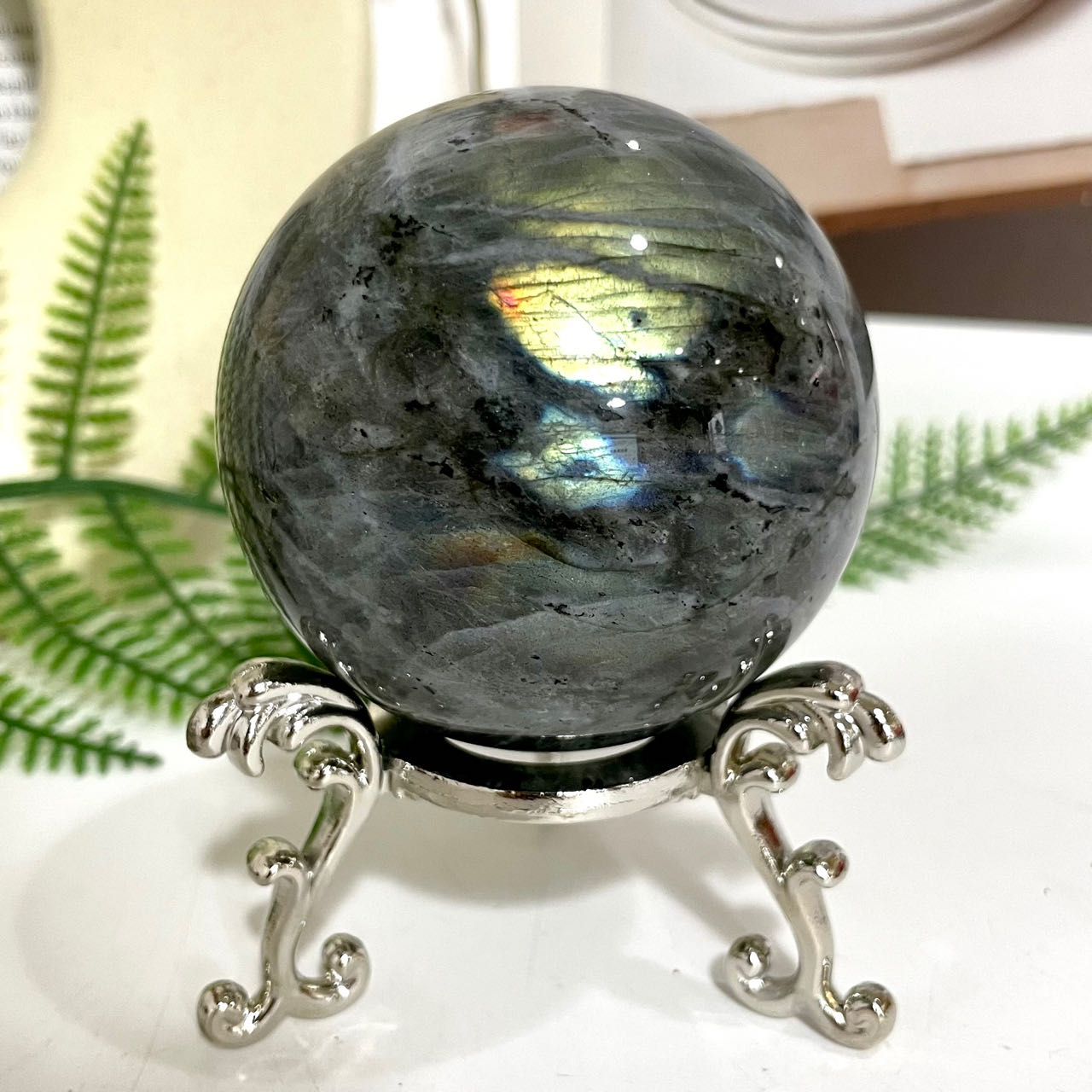 Moonstone Labradorite Ball 60~70mm With Silver Stand Set Healing Stone Home Decoration From IG Crystal