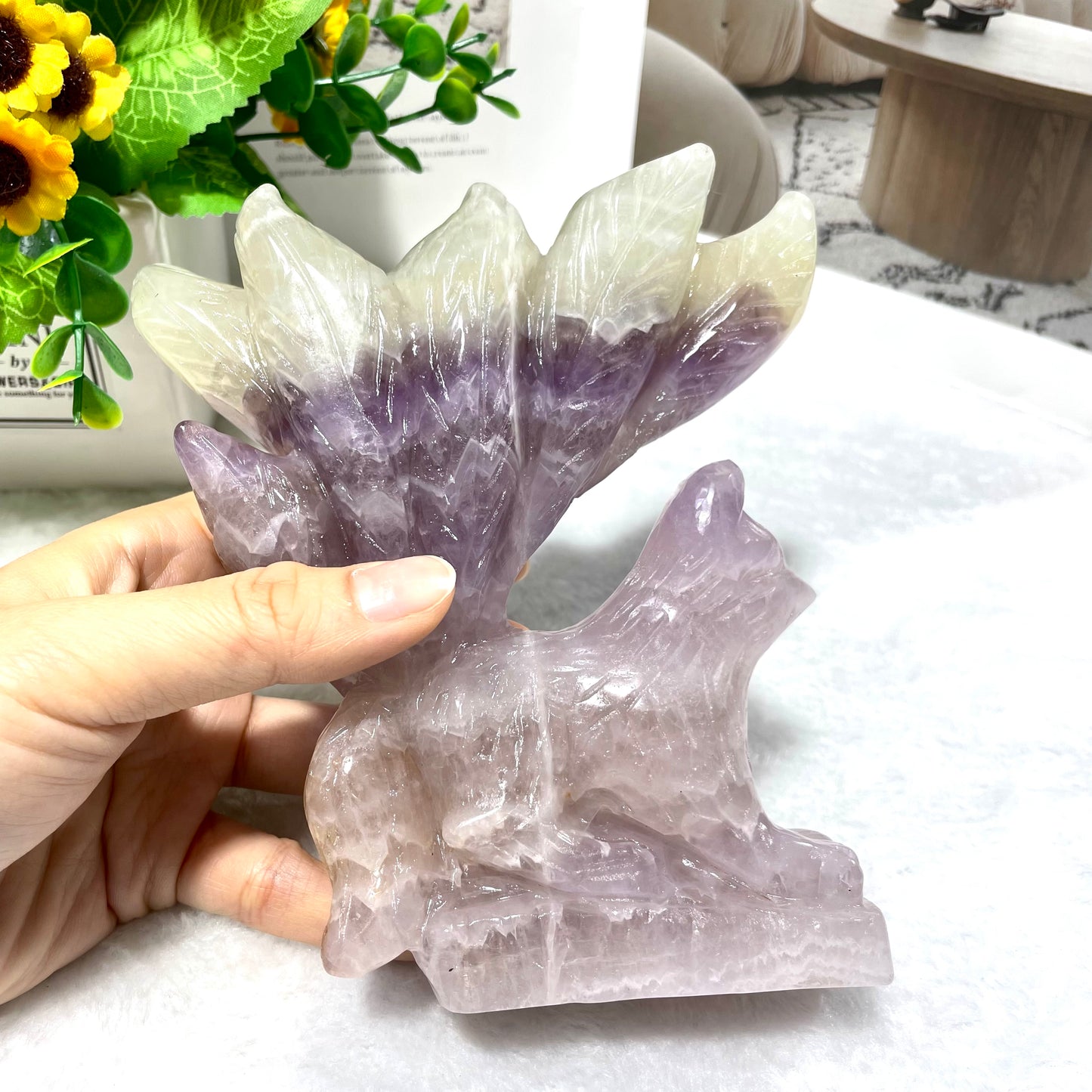 1 Count Amethyst Nine-tailed Fox Crystal Carving Healing Stones Natural Stone Chakra Balancing Reiki Home Office Decor From IG Crystal