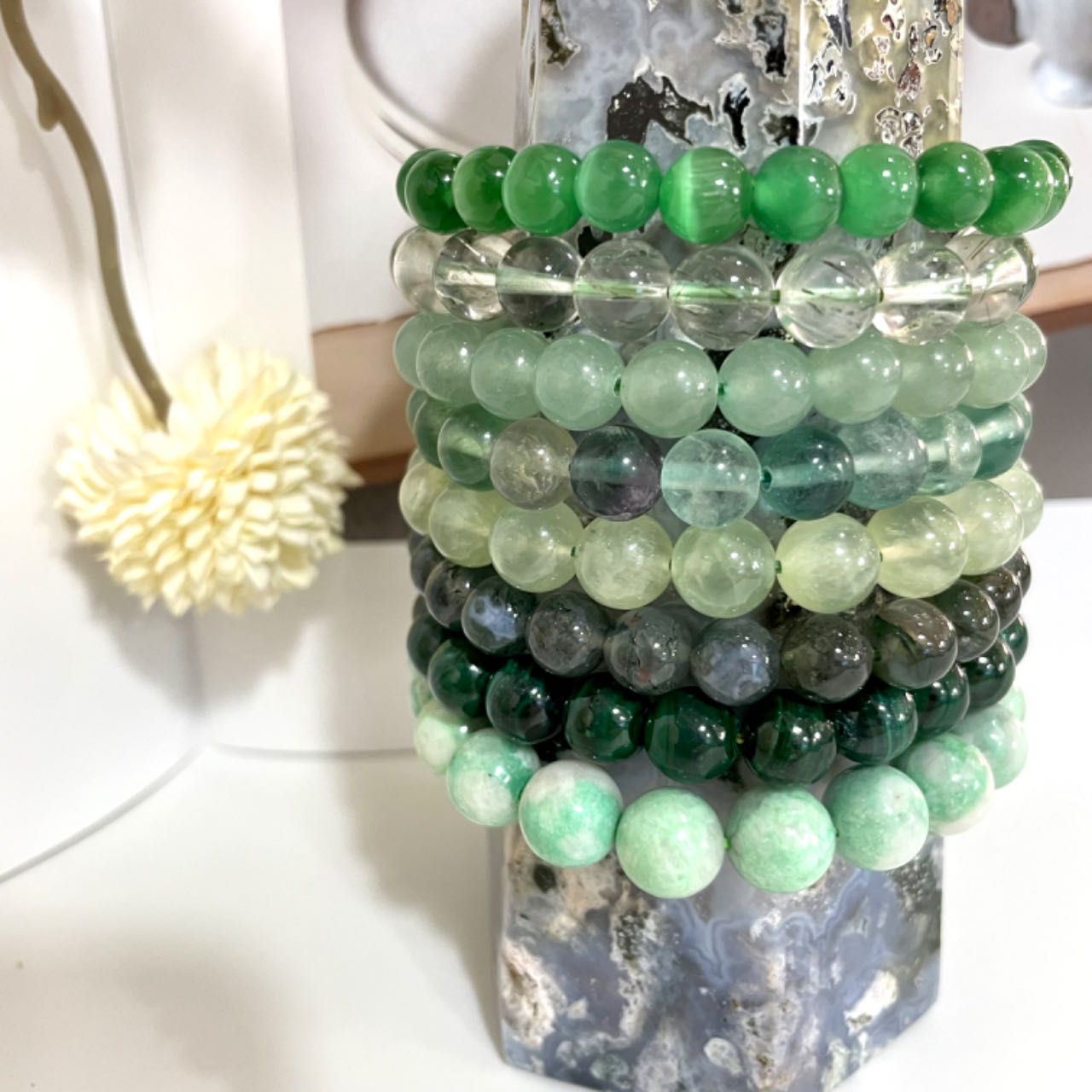 8PCS Green Crystal Bracelets Set  Cat Eyes Stone Green Rutile Strawberry Quartz Rainbow Flourite Prehnite Moss Agate Malachite Lasionite From IG Crystal