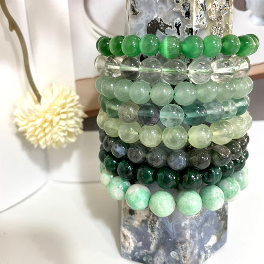 8PCS Green Crystal Bracelets Set  Cat Eyes Stone Green Rutile Strawberry Quartz Rainbow Flourite Prehnite Moss Agate Malachite Lasionite From IG Crystal