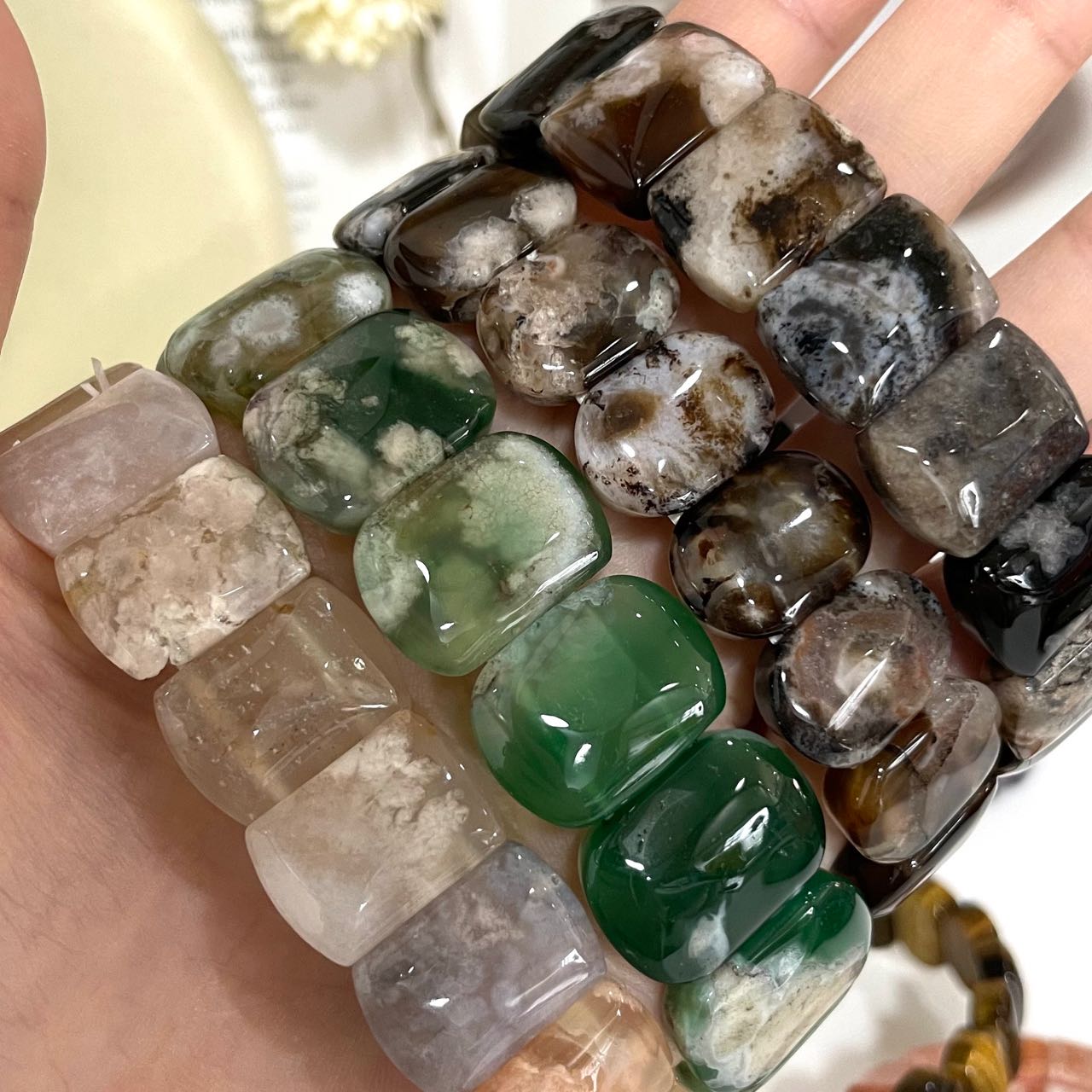 2PCS Set Square Crystal Bracelets Black Flower Agate Pink Flower Agate Green Flower Agate Fire Quartz Yellow Tiger Eyes Amethyst Healing Stone From IG Crystal