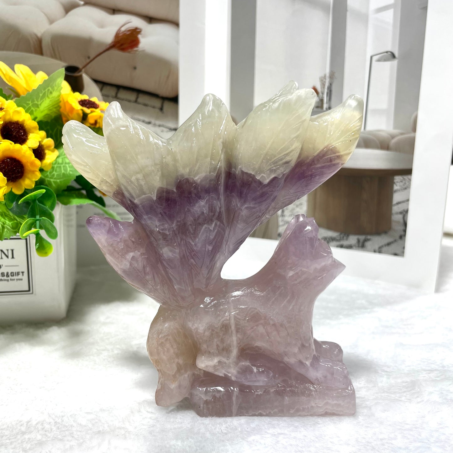 1 Count Amethyst Nine-tailed Fox Crystal Carving Healing Stones Natural Stone Chakra Balancing Reiki Home Office Decor From IG Crystal