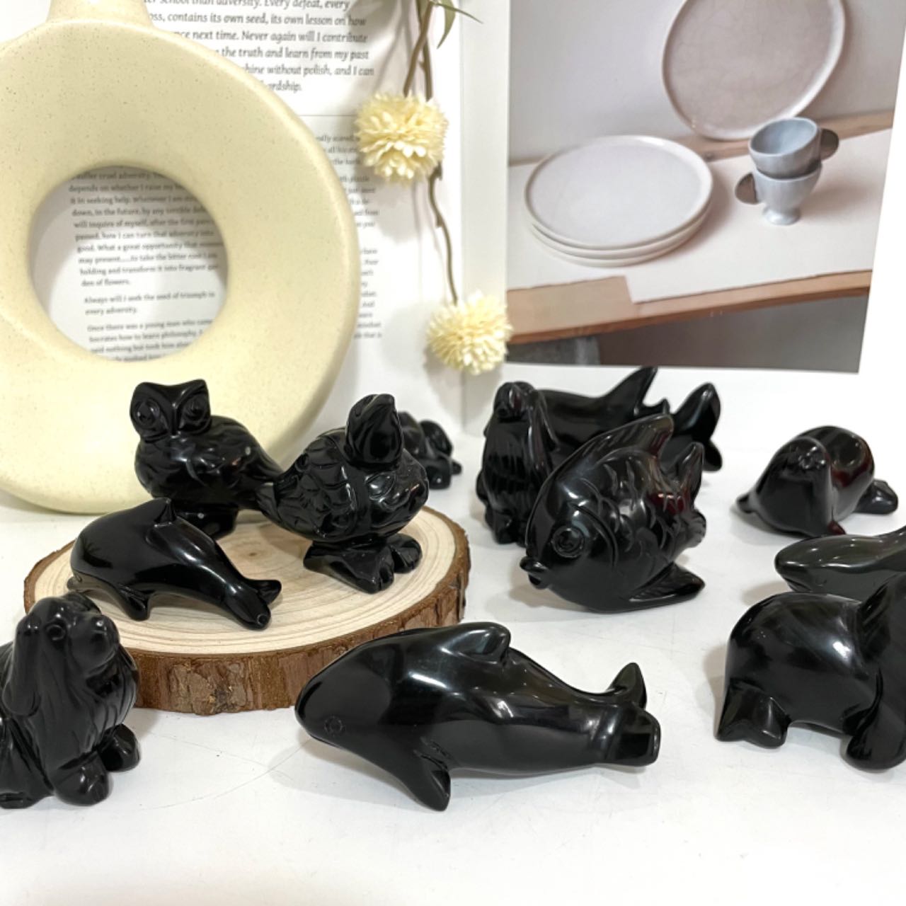 Obsidian Animals Crystal Dolphin Fish Shark Seal Frog Owl Bird Dog Healing Stone Home Decoration From IG Crystal