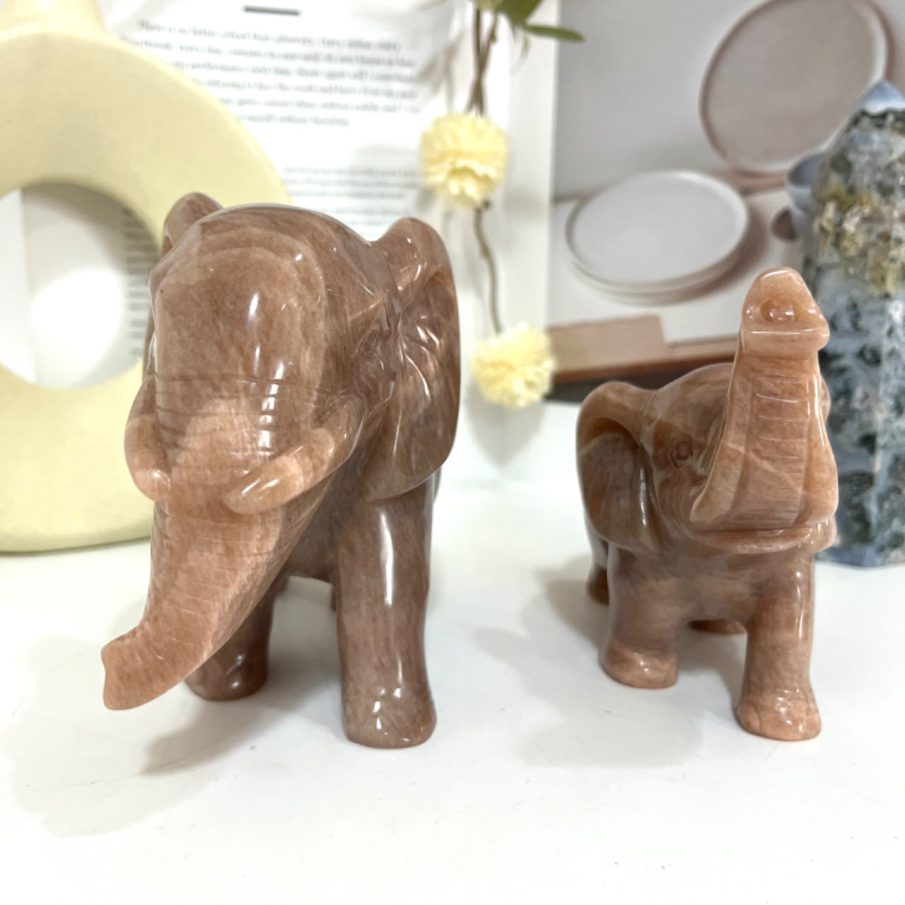 Hand-Carved Natural Orange Moonstone Elephant Crystal Statue From IG Crystal