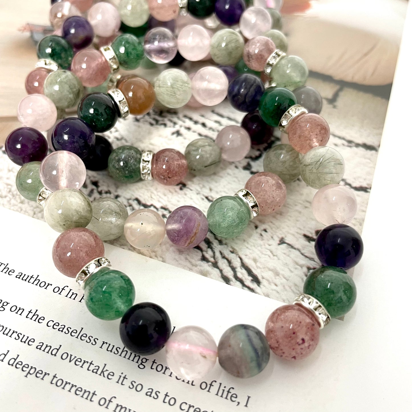 3 Counts Crystal Bracelets 9~10mm Amethyst Rose Quartz Rutile Strawberry Quartz Fluorite Natural Crystals Healing Crystals Bracelet for Women and Men Teens Crystal Jewelry Shop Pretty Crystals From IG Crystal