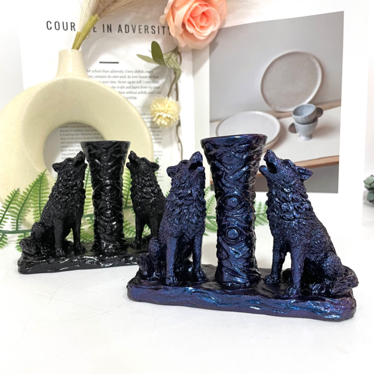 2PCS Two Wolf Stand Black Blue Healing Stone Home Decoration For Crystal Ball From IG Crystal