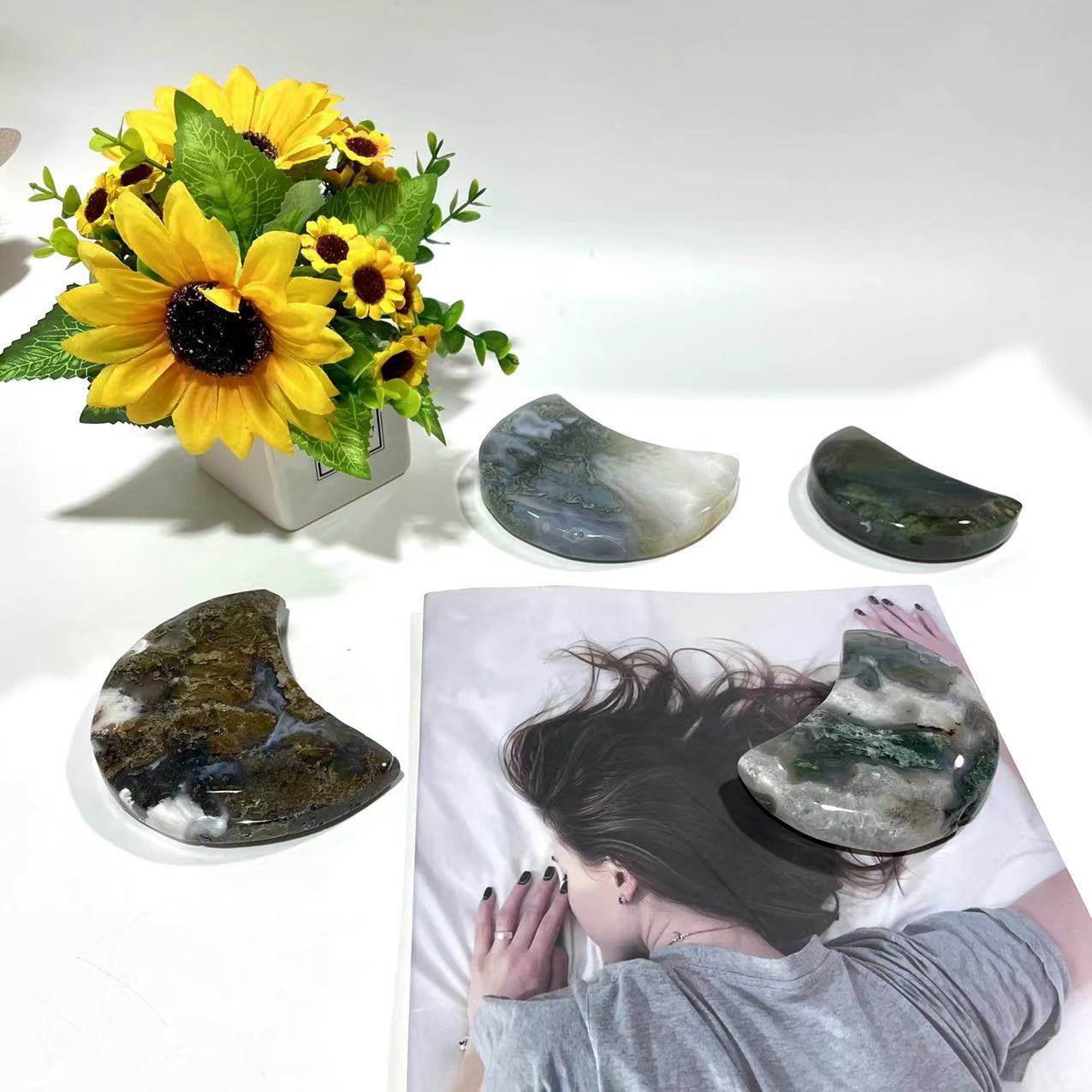 Moss Agate Moon Shape Crystal Natural Stone Gem Mining Chakra Balancing Reiki Healing Crystal Mystery Crystal Display Crystal Shopping Online Home Office Decor From IG Crystal