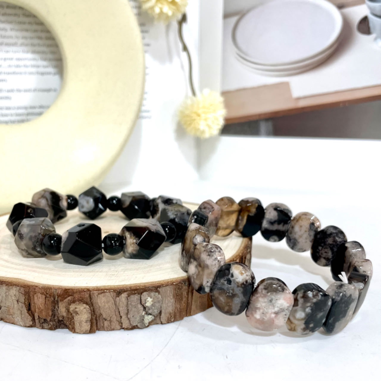 2 Counts Black Flower Agate Bracelet Set Energy Healing Crystals Jewelry for Women DIY Bracelet From IG Crystal