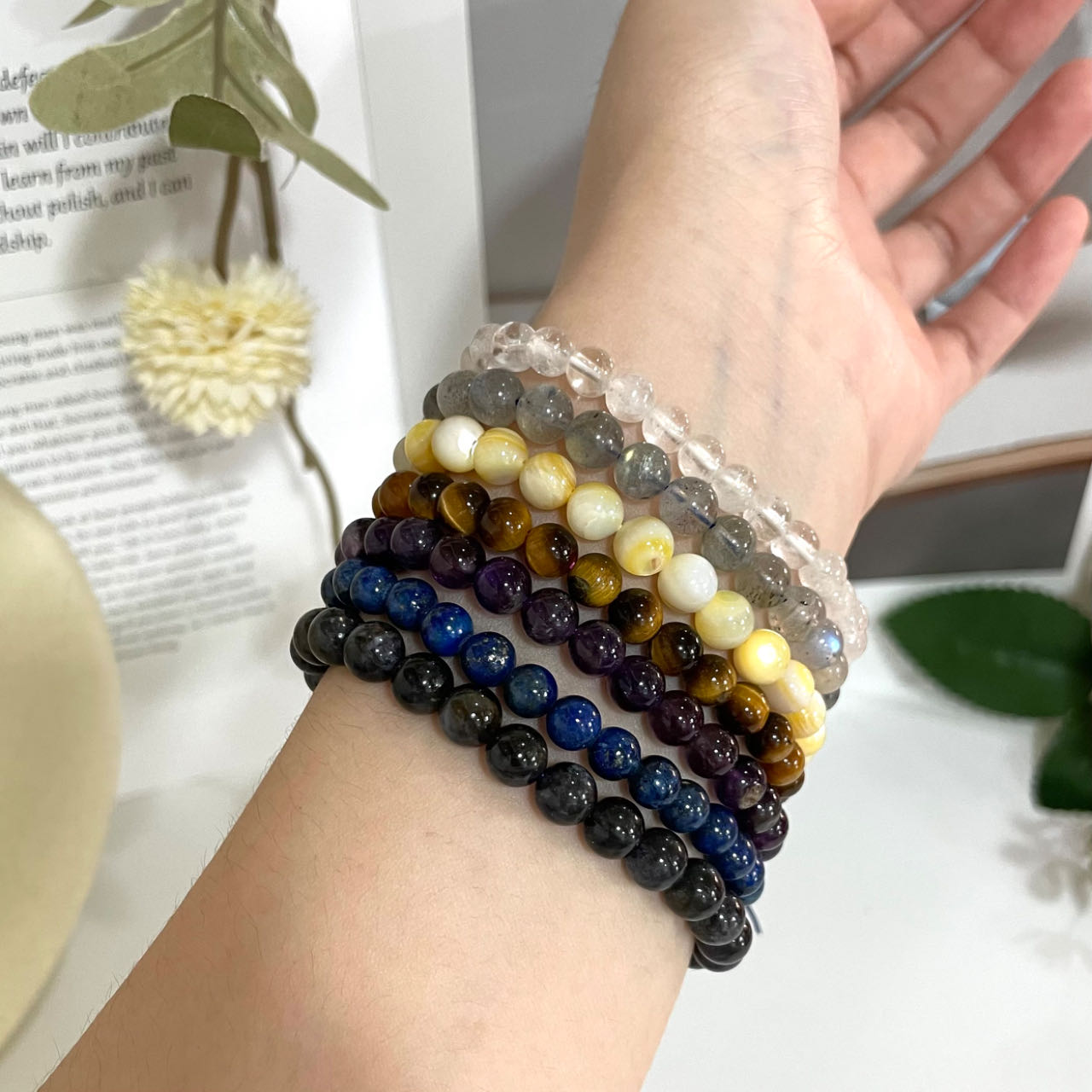 7PCS Crystal Bracelets Set Clear Quartz Labradorite Shell Stone Yellow Tiger Eyes Dark Amethyst Lapis Lazuli Iolite From IG Crystal