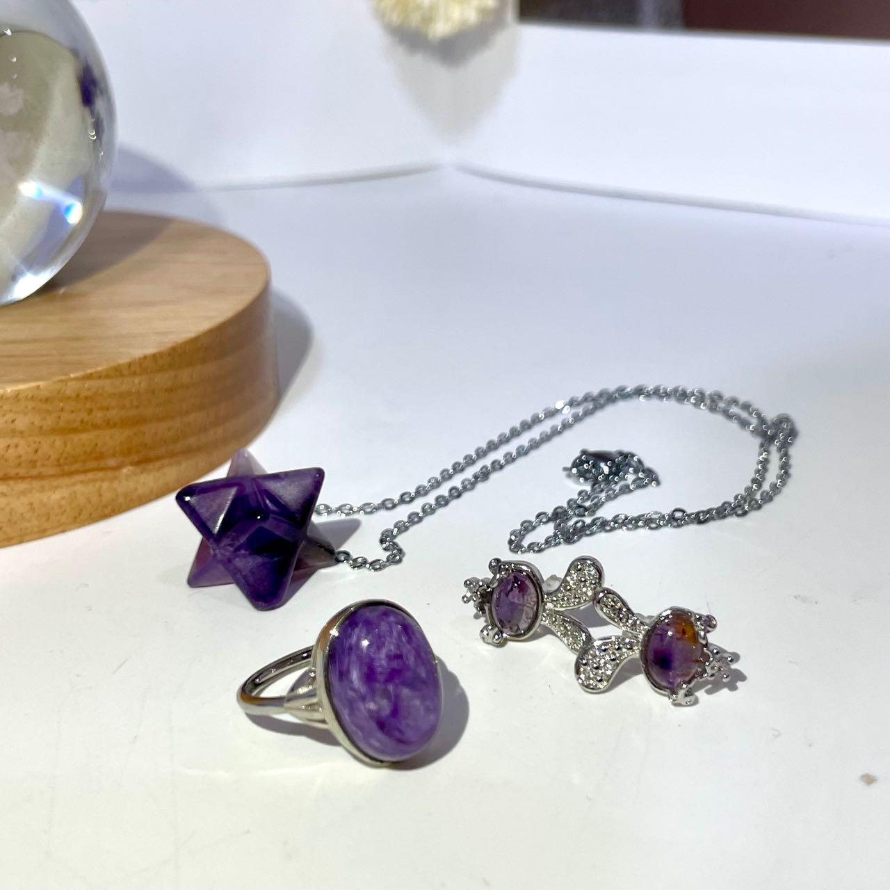 Crystal Necklace Ring Earrings Set Amethyst Clear Quartz Rose Quartz Charoite From IG Crystal