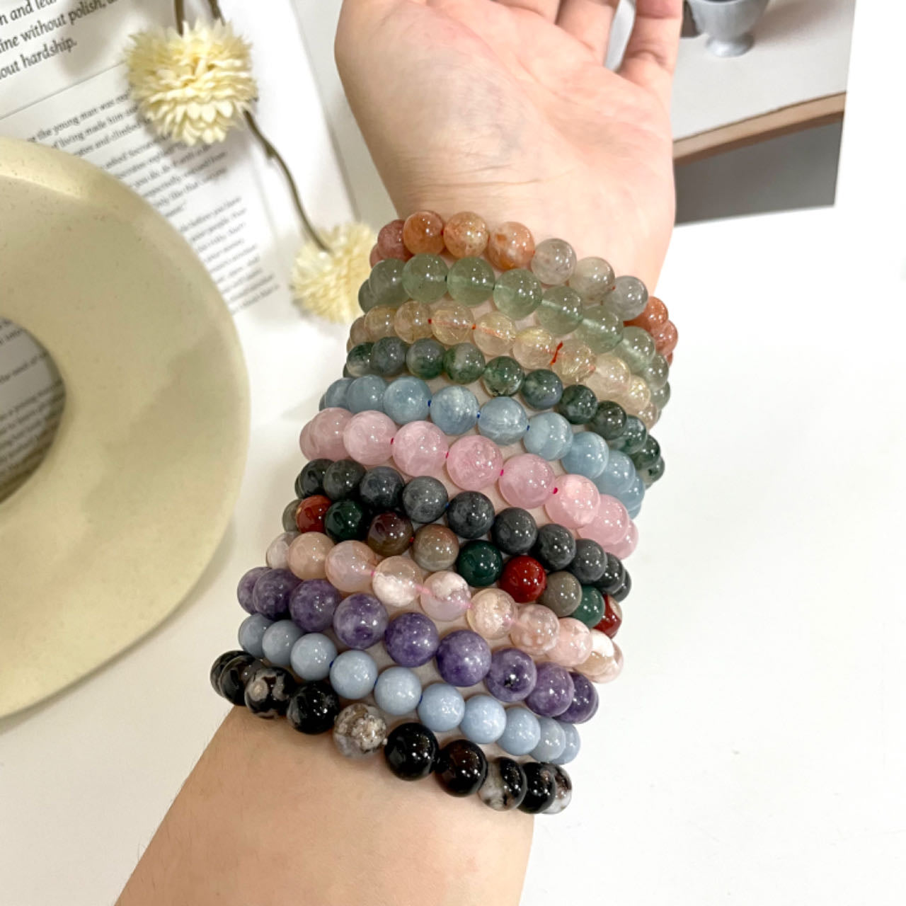 6PCS 8~10mm Crystal Bracelets Set Golden Rutile Moss Agate Sunstone Green Strawberry Quartz Blue Onyx Rose Quartz Black Moonstone Alxa Pink Flower Agate Lepidolite Black Flower Agate From IG Crystal