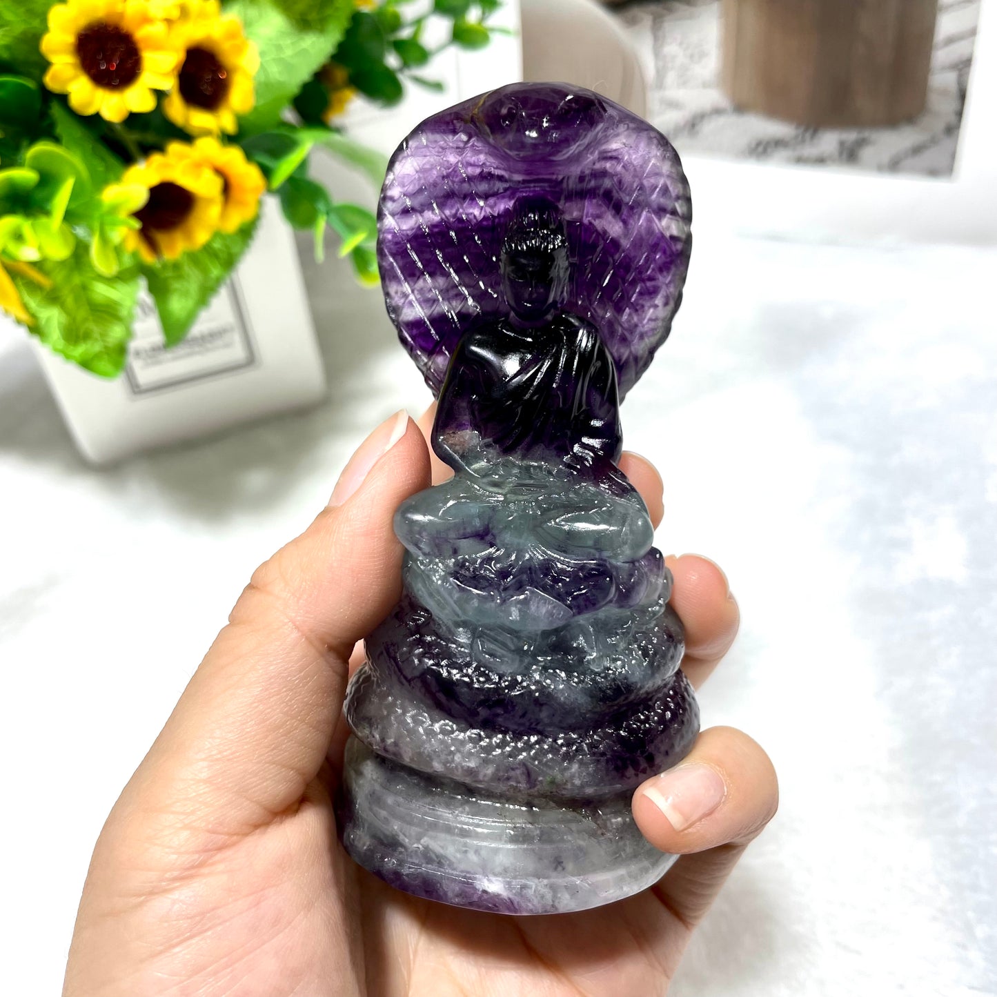 1 Count Fluorite Snake Buddha Crystal Carving Healing Stones Natural Stone Chakra Balancing Reiki Home Office Decor From IG Crystal