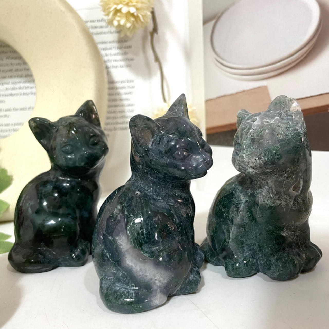 2 Counts Moss Agate Cat Crystal Reiki Crytsal Healing Home Decor From IG Crystal