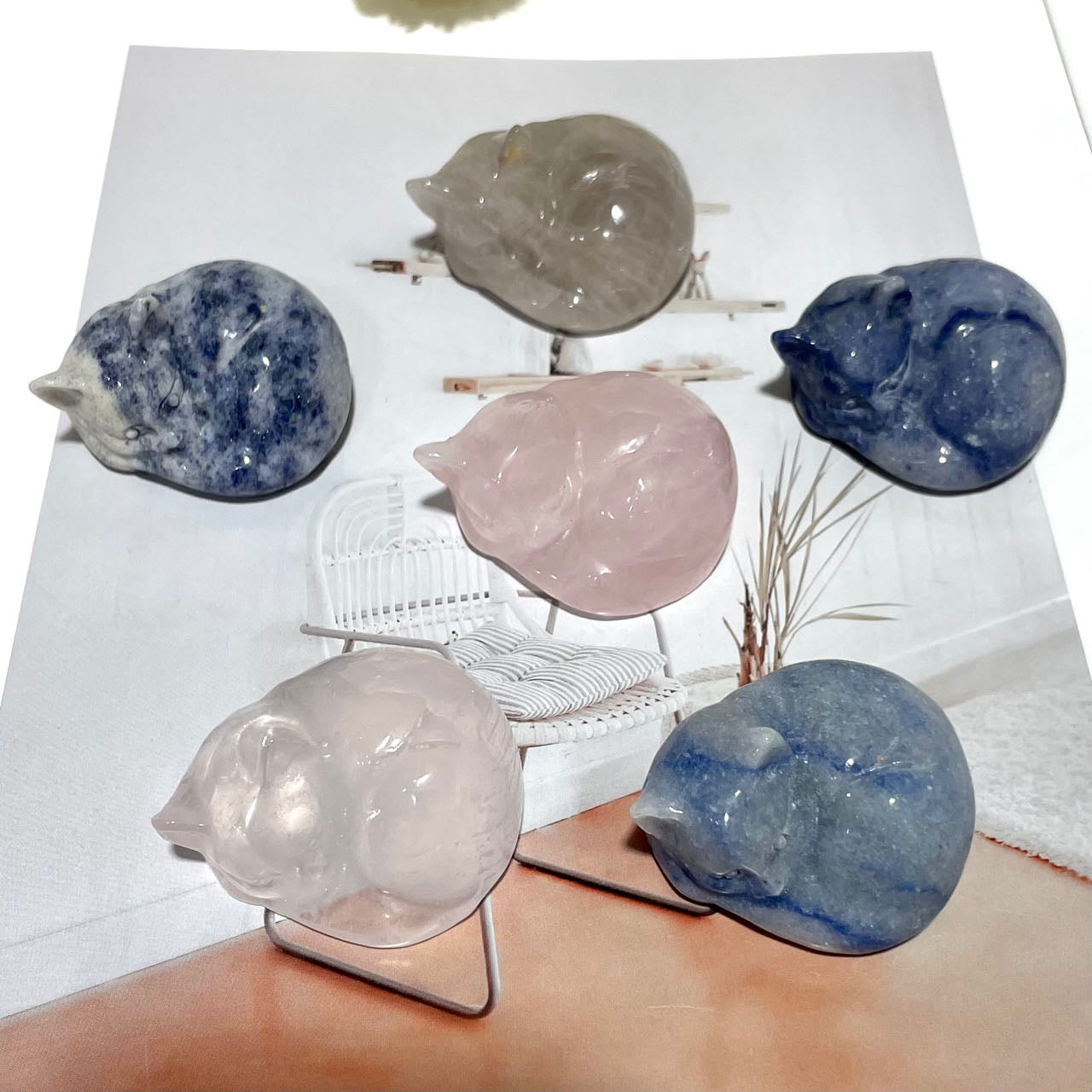 3 Counts Sleeping Cat Crystal Clear Quartz Rose Quartz Blue Aventurine Healing Crystal Home Decoration From IG Crystal