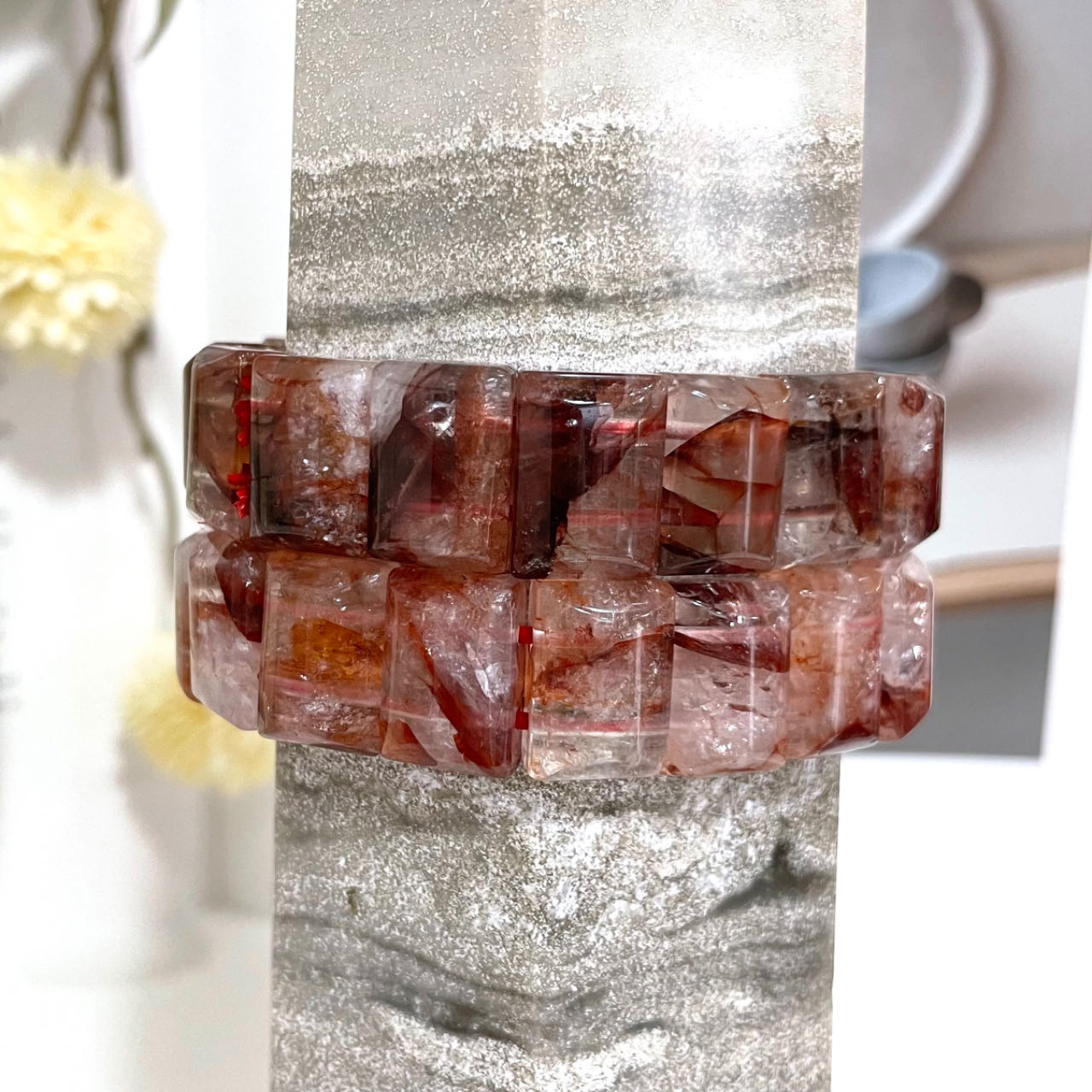 2PCS Set Square Crystal Bracelets Black Flower Agate Pink Flower Agate Green Flower Agate Fire Quartz Yellow Tiger Eyes Amethyst Healing Stone From IG Crystal