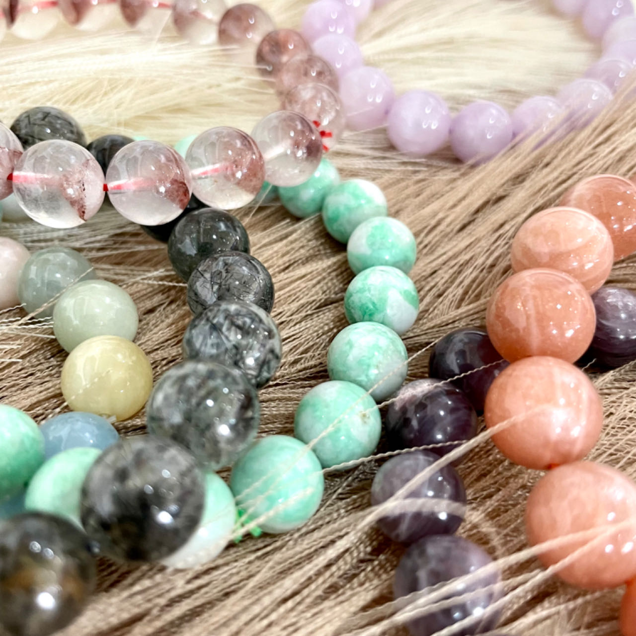 2 / 7PCS Crystal Bracelets Set Lasionite Purple Mica Morganite Black Rutile  Red Pyramid Kunzite Sunstone From IG Crystal