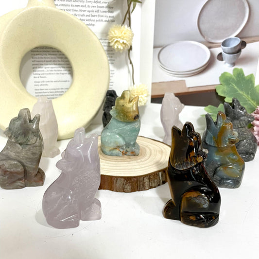Different Maerail Wolf Crystal Stochastic 2PCS Rose Quartz Clear Quartz Black Obsidian Green Aventurine Kiwi Jasper Carribean Calcit Yellow Tiger Eyes From IG Crystal