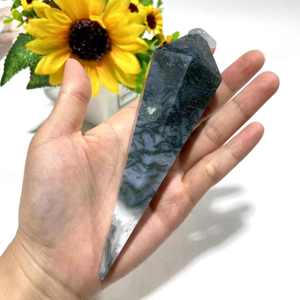 Moss Agate Crystal Wand Natural Stone Gem Mining Chakra Balancing Reiki Healing Crystal Mystery Crystal Display Crystal Shopping Online Home Office Decor From IG Crystal