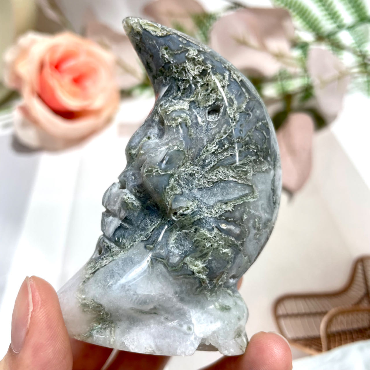 1~2 Counts Moss Agate Moon Face Crystal Healing Stone Home Decoration From IG Crystal