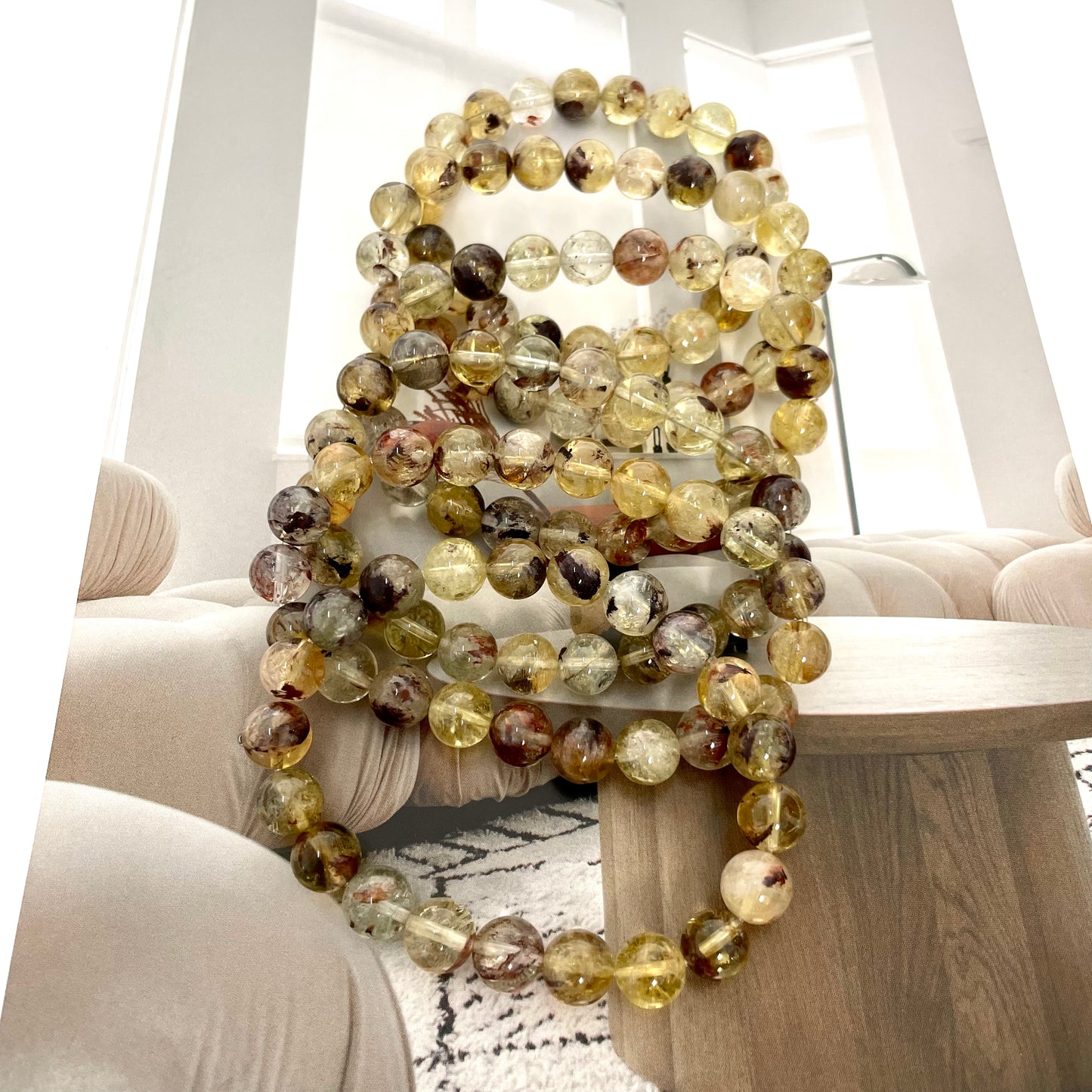 3 Counts Golden Ghost Crystal Garden Quartz Bracelets 9mm Natural Crystals Healing Crystals Bracelet for Women and Men Teens Crystal Jewelry Shop Pretty Crystals From IG Crystal