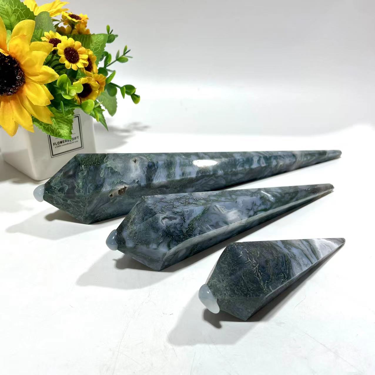 Moss Agate Crystal Wand Natural Stone Gem Mining Chakra Balancing Reiki Healing Crystal Mystery Crystal Display Crystal Shopping Online Home Office Decor From IG Crystal