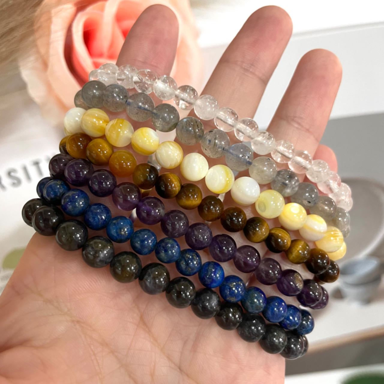 7PCS Crystal Bracelets Set Clear Quartz Labradorite Shell Stone Yellow Tiger Eyes Dark Amethyst Lapis Lazuli Iolite From IG Crystal
