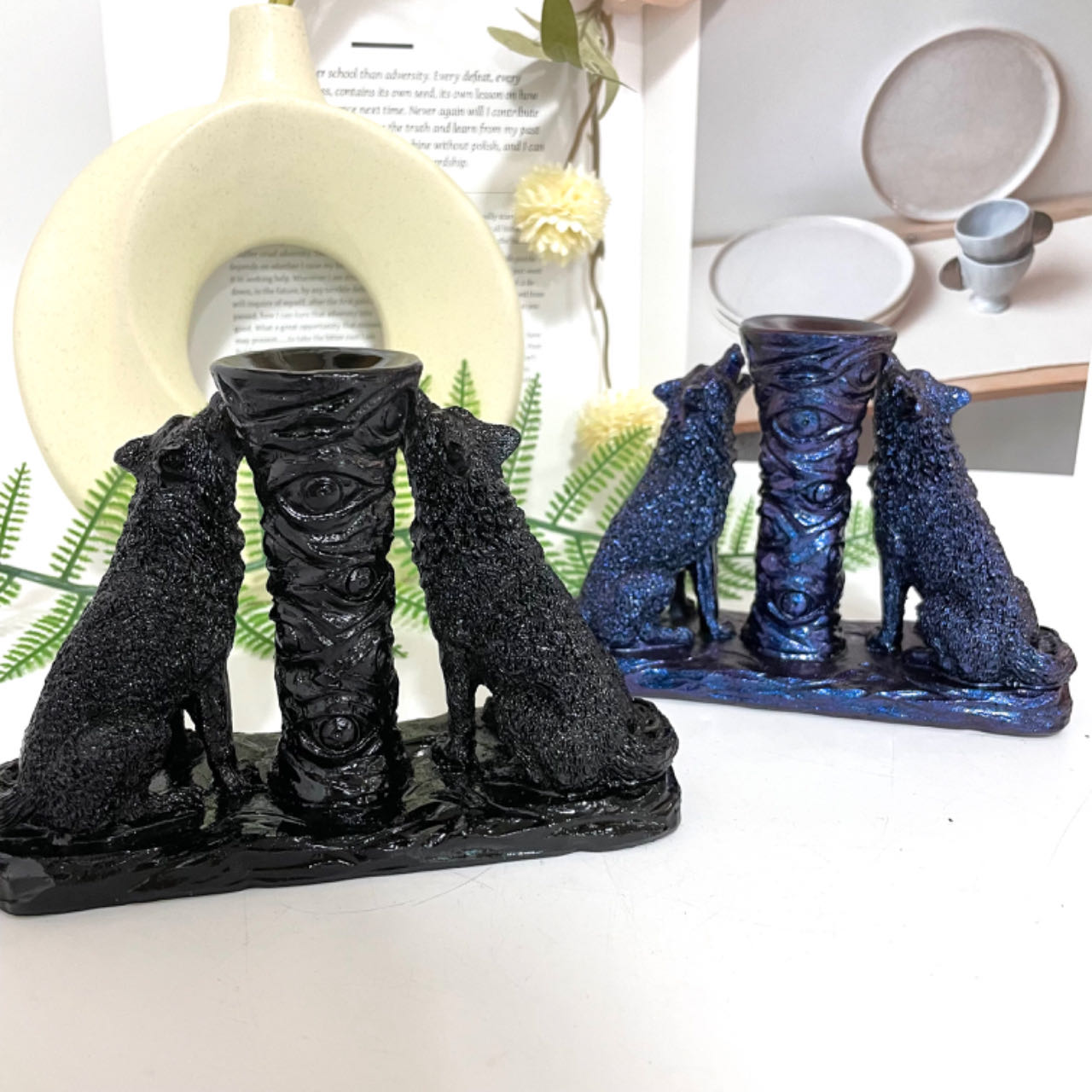 2PCS Two Wolf Stand Black Blue Healing Stone Home Decoration For Crystal Ball From IG Crystal