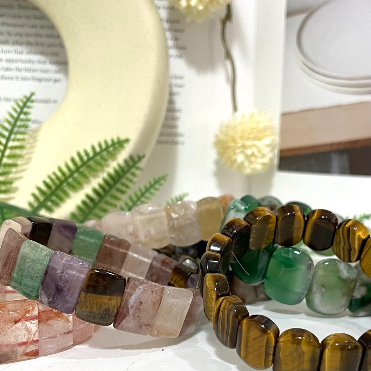 2PCS Set Square Crystal Bracelets Black Flower Agate Pink Flower Agate Green Flower Agate Fire Quartz Yellow Tiger Eyes Amethyst Healing Stone From IG Crystal