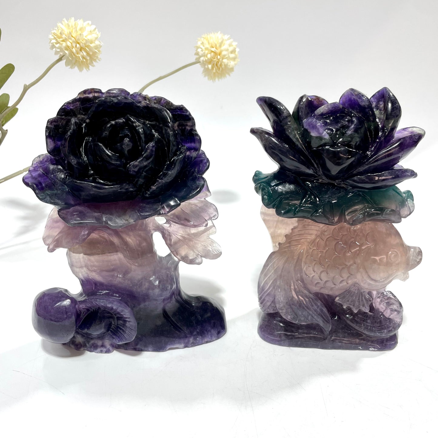 1 Count Fluorite Flower Fish Crystal Carving Healing Stones Natural Stone Chakra Balancing Reiki Home Office Decor From IG Crystal