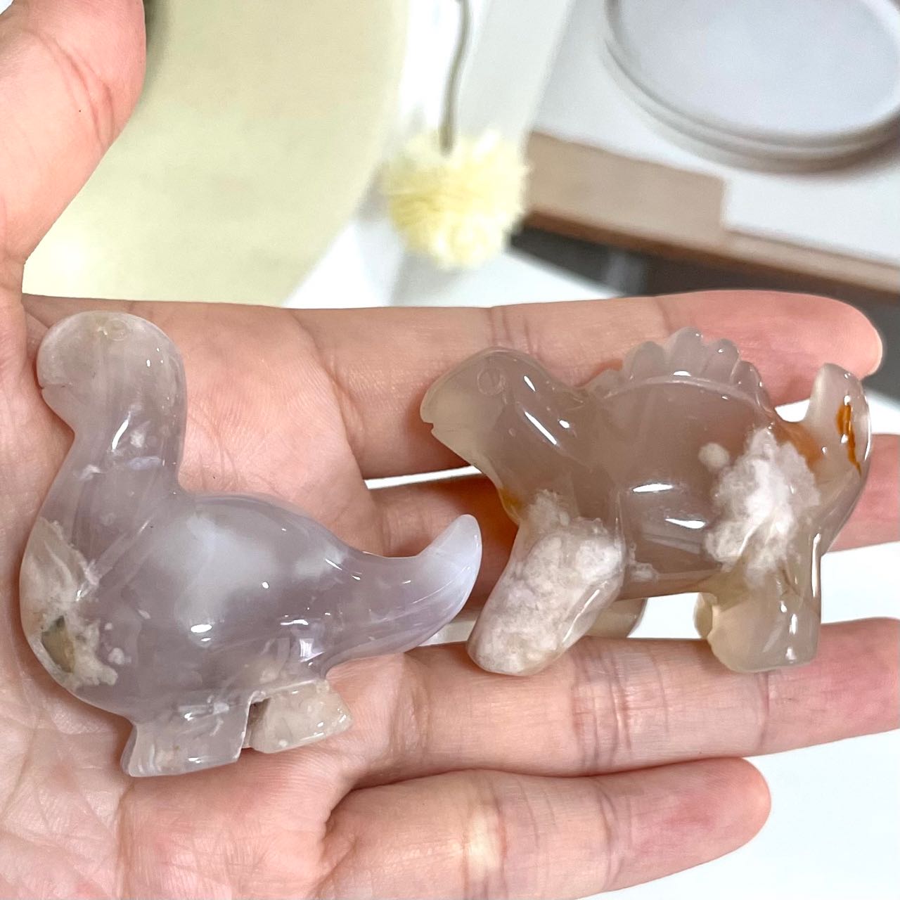 2PCS Small Dinosaur Crystal Pink Flower Agate Healing Crystal Home Decoration From IG Crystal