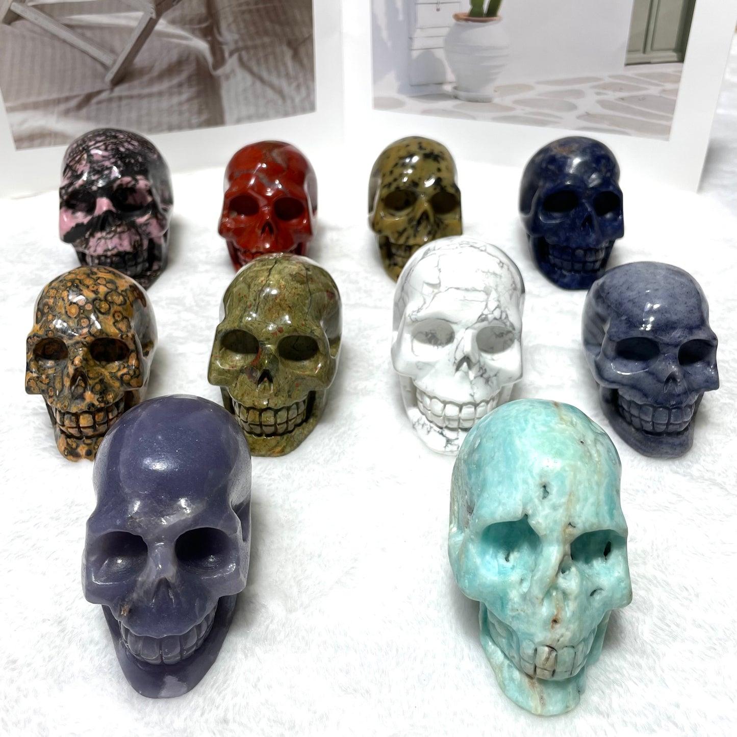 1 Count Different Materials Skull Crystal Carving Unakite Leopard Skin Jasper Purple/Blue Aventurine White Turquoise Red Jasper Sodalite Carribean Calcit Rohdnite Floriated Jasper Home Office Decor From IG Crystal