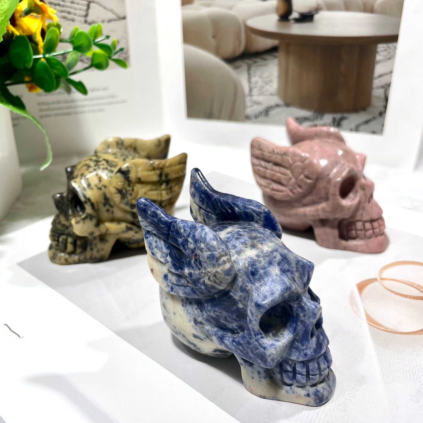 1 Count Different Materials Skull With Wings Crystal Carvings Sodalite Red Jasper Floriated Jasper Leopard Skin Jasper Rohdnite Healing Stones Natural Stone Chakra Balancing Reiki Home Office Decor From IG Crystal