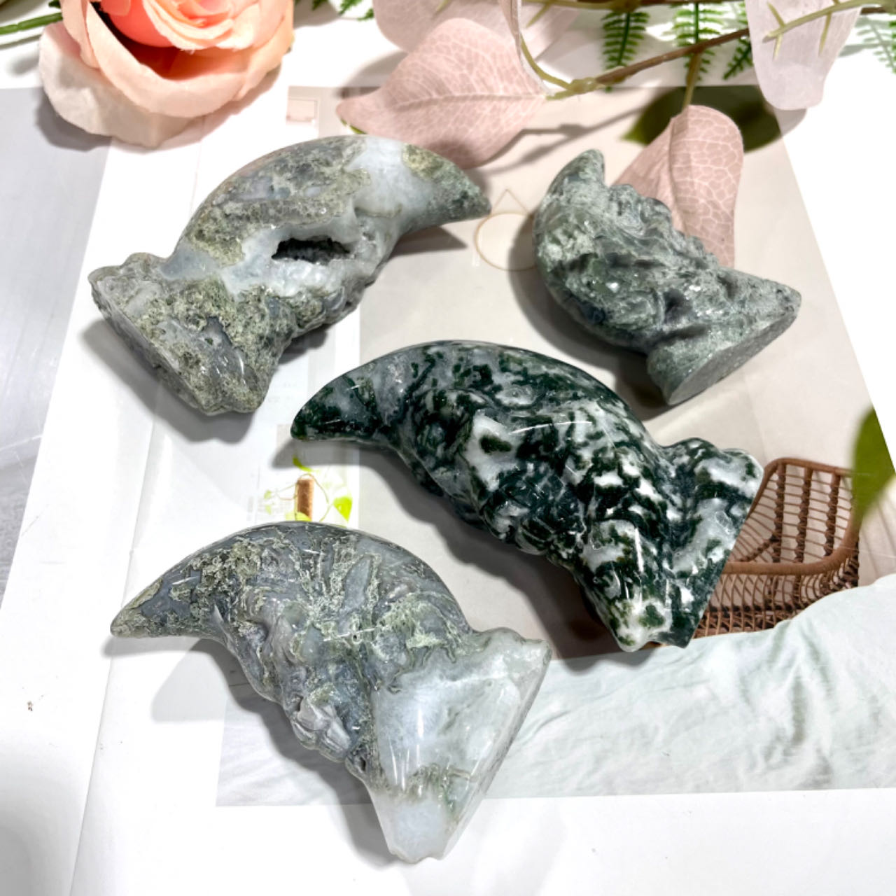 1~2 Counts Moss Agate Moon Face Crystal Healing Stone Home Decoration From IG Crystal