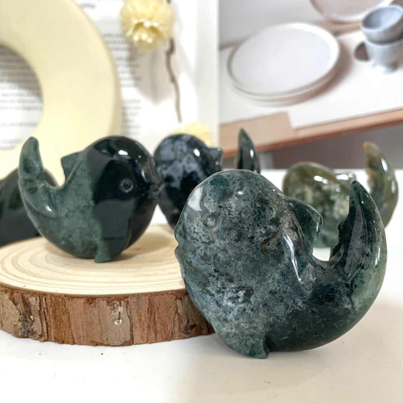 Moss Agate Whale Crystal Healing Stone Stochastic 2PCS Home Decoration From IG Crystal