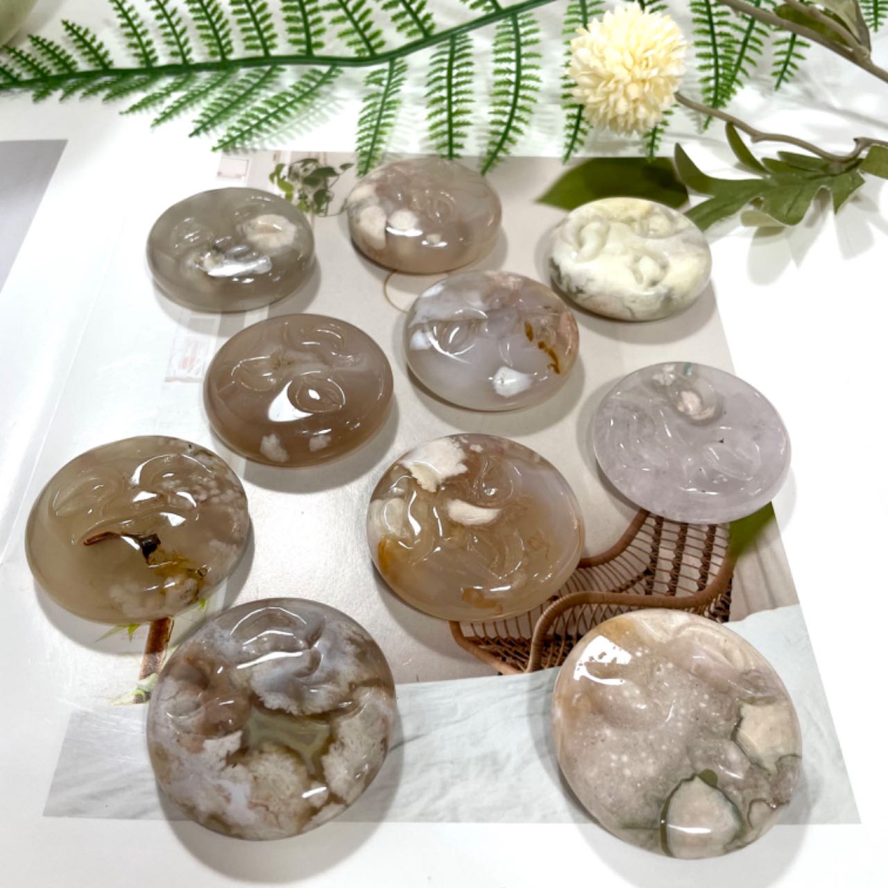 5 Counts Pink Flower Agate Smile Face Crystal Healing Crystal Home Decoration From IG Crystal