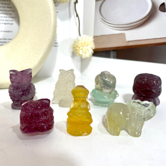 3 Counts Small High Quality Natural Fluorite Carving Crystals Duck Elephant Owl Lion Head Buddha Healing Stone Home decoration From IG Crystal