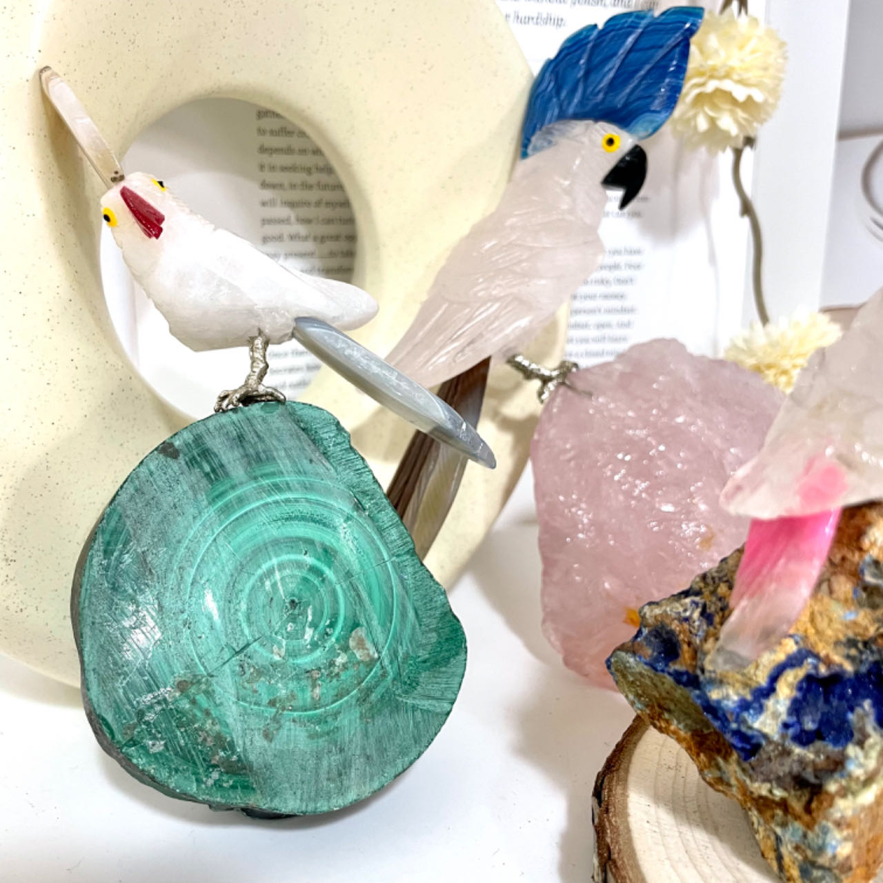 Different Maerail Crystal Bird Statue Clear Quartz Rose Quartz Druzy Green Fluorite Malachite Sodalite From IG Crystal