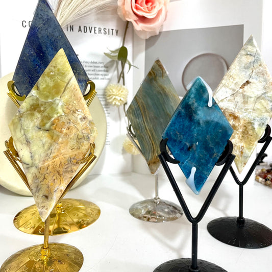Rhombus Blue Onyx Crazy Lace Agate Blue Apatite Lapis Lazuli Crystal With Stand Set Rhomboid Shaped Stone Decorative Healing Crystal Slices Office Home Decor Reiki Healing Gifts From IG Crystal