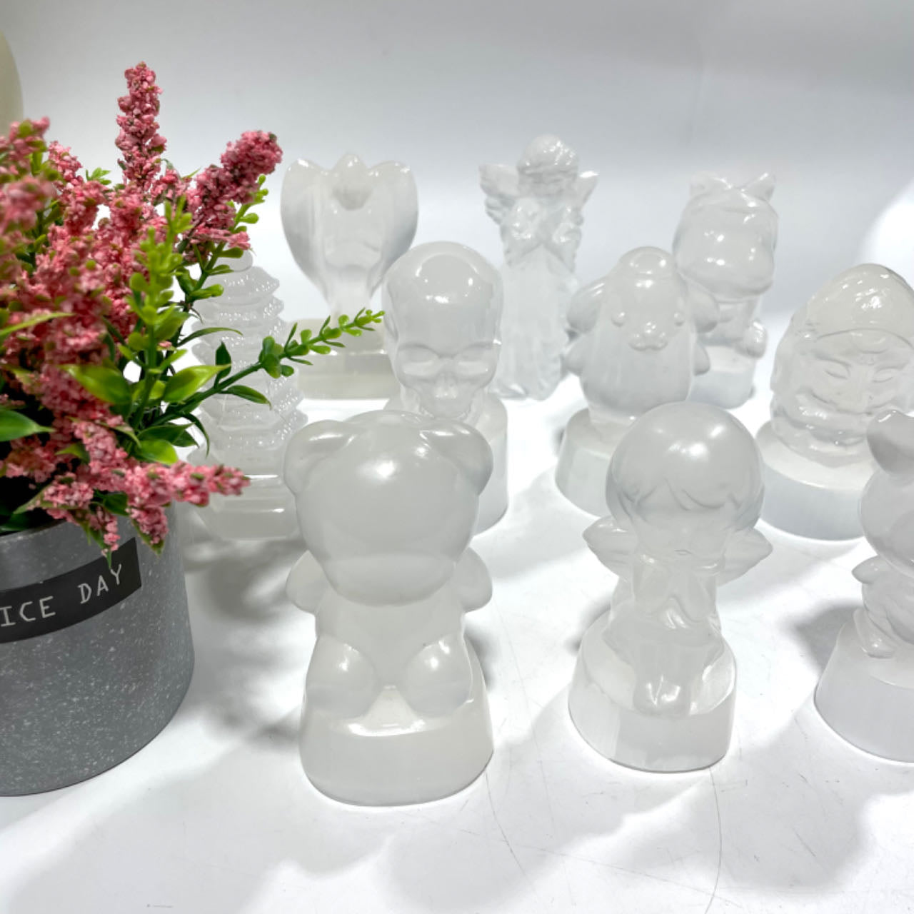 1 Count 10CM Selenite Snowman Christmas Tree Tower Bear Flower Fairy Angel Skull Crystal Natural Gemstone Semi Precious Healing Crystals Enhance Positive Energy Home Decoration From IG Crystal