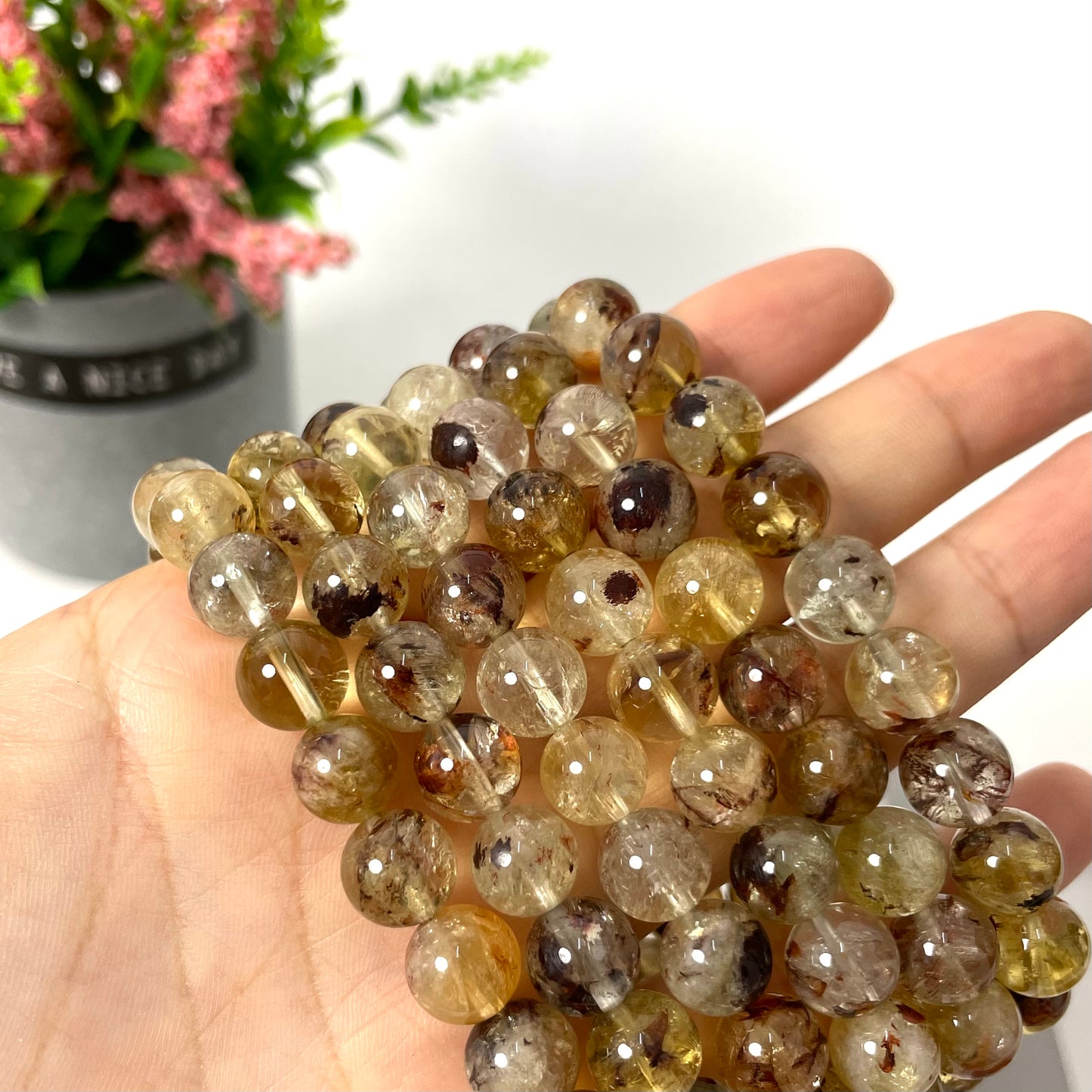 3 Counts Golden Ghost Crystal Garden Quartz Bracelets 9mm Natural Crystals Healing Crystals Bracelet for Women and Men Teens Crystal Jewelry Shop Pretty Crystals From IG Crystal