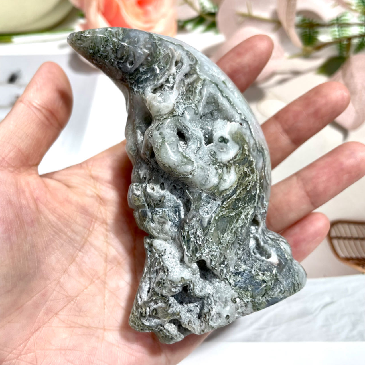 1~2 Counts Moss Agate Moon Face Crystal Healing Stone Home Decoration From IG Crystal